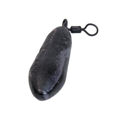 Close-up of big-eye swivel and tapered anti-roll design on brown sinker