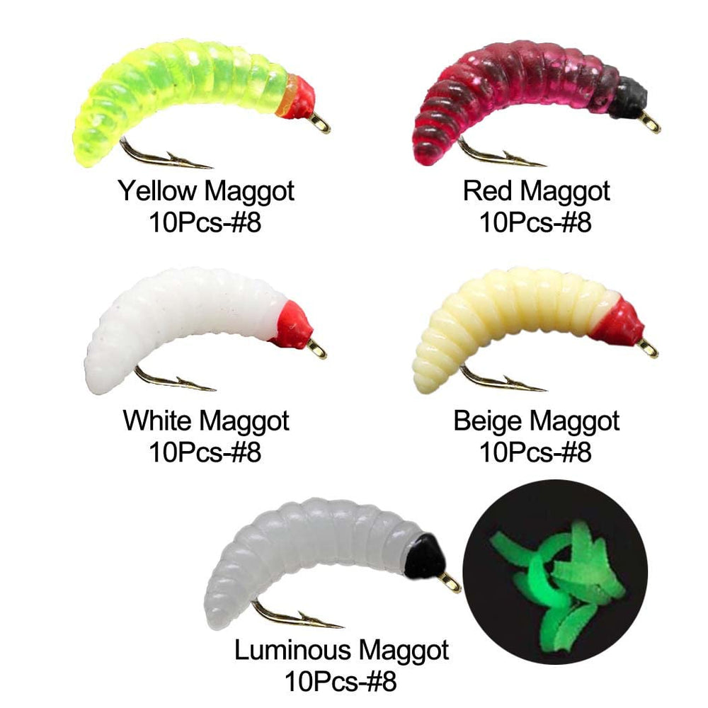 Close-up of maggot fly patterns for trout and bass