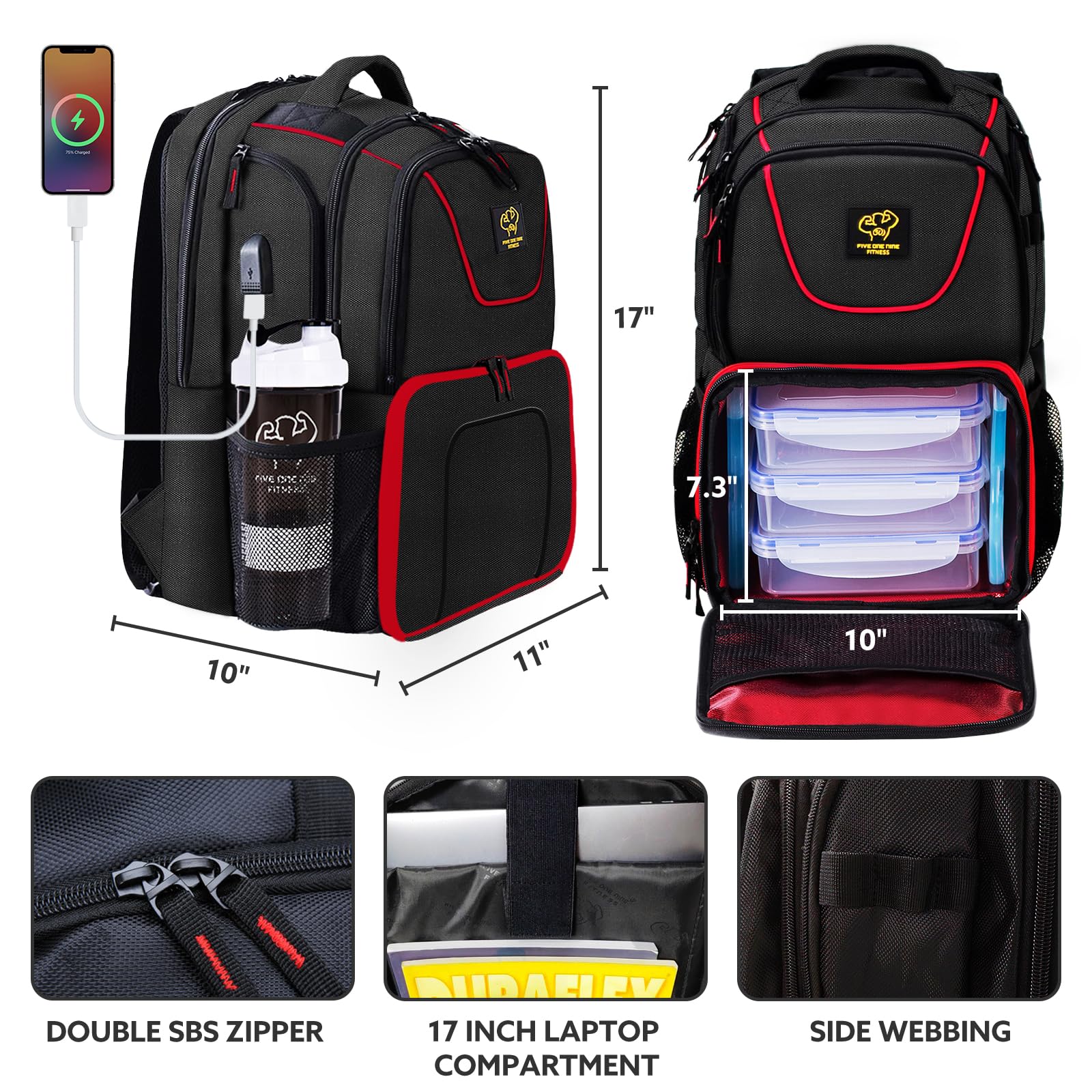 519 Fitness Meal Prep Backpack laptop compartment holds a 17-inch laptop for on-the-go work