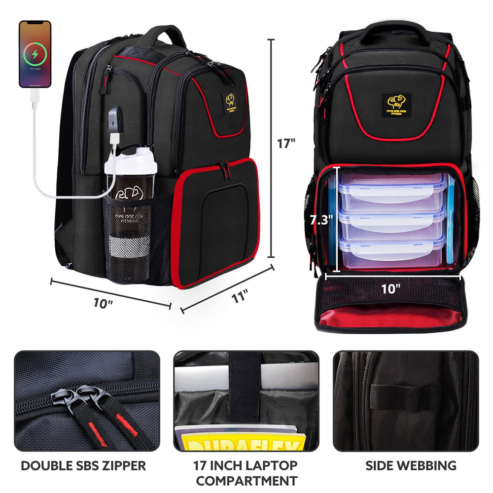 519 Fitness Meal Prep Backpack laptop compartment holds a 17-inch laptop for on-the-go work