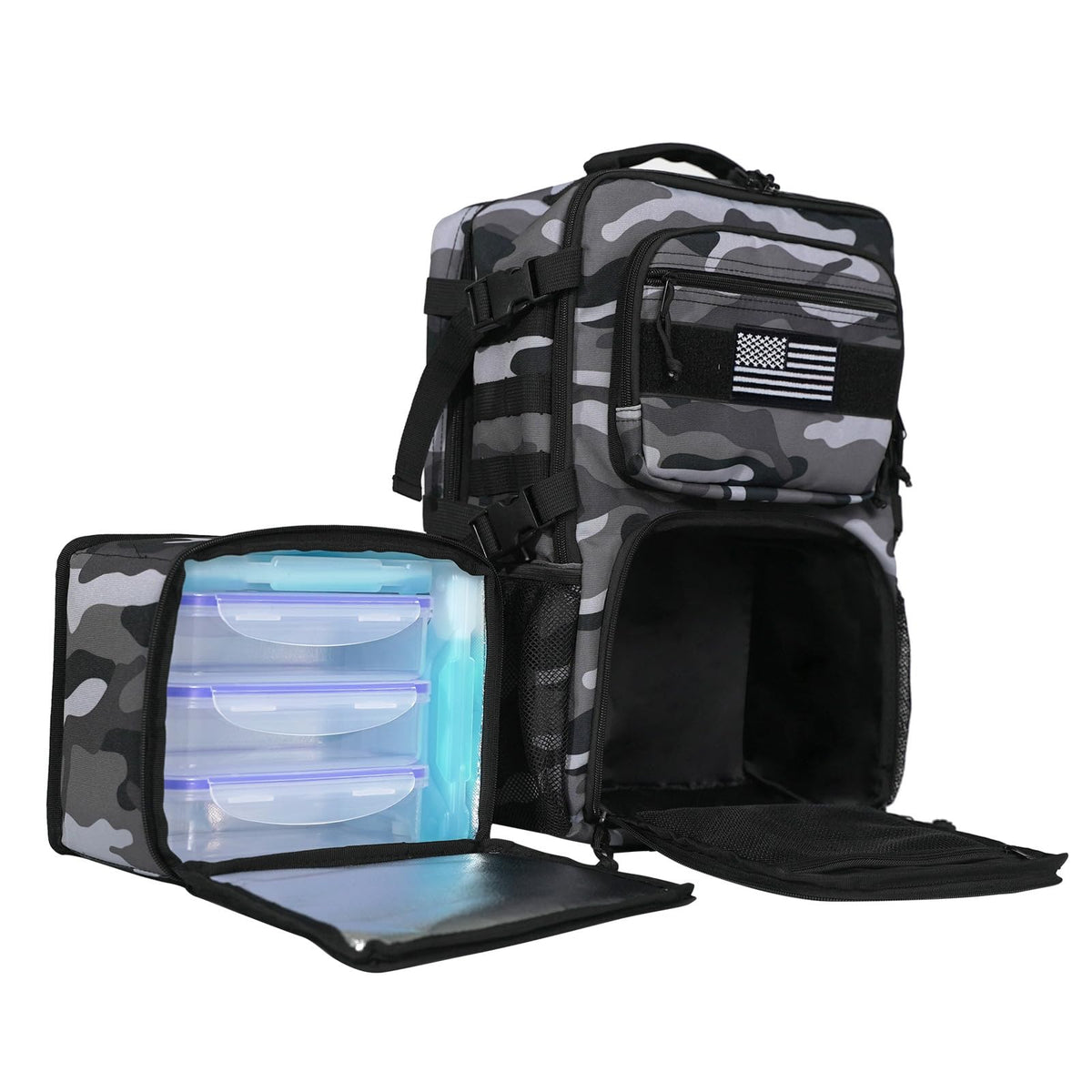 519 Fitness tactical meal backpack front view with organized compartments for on-the-go meals