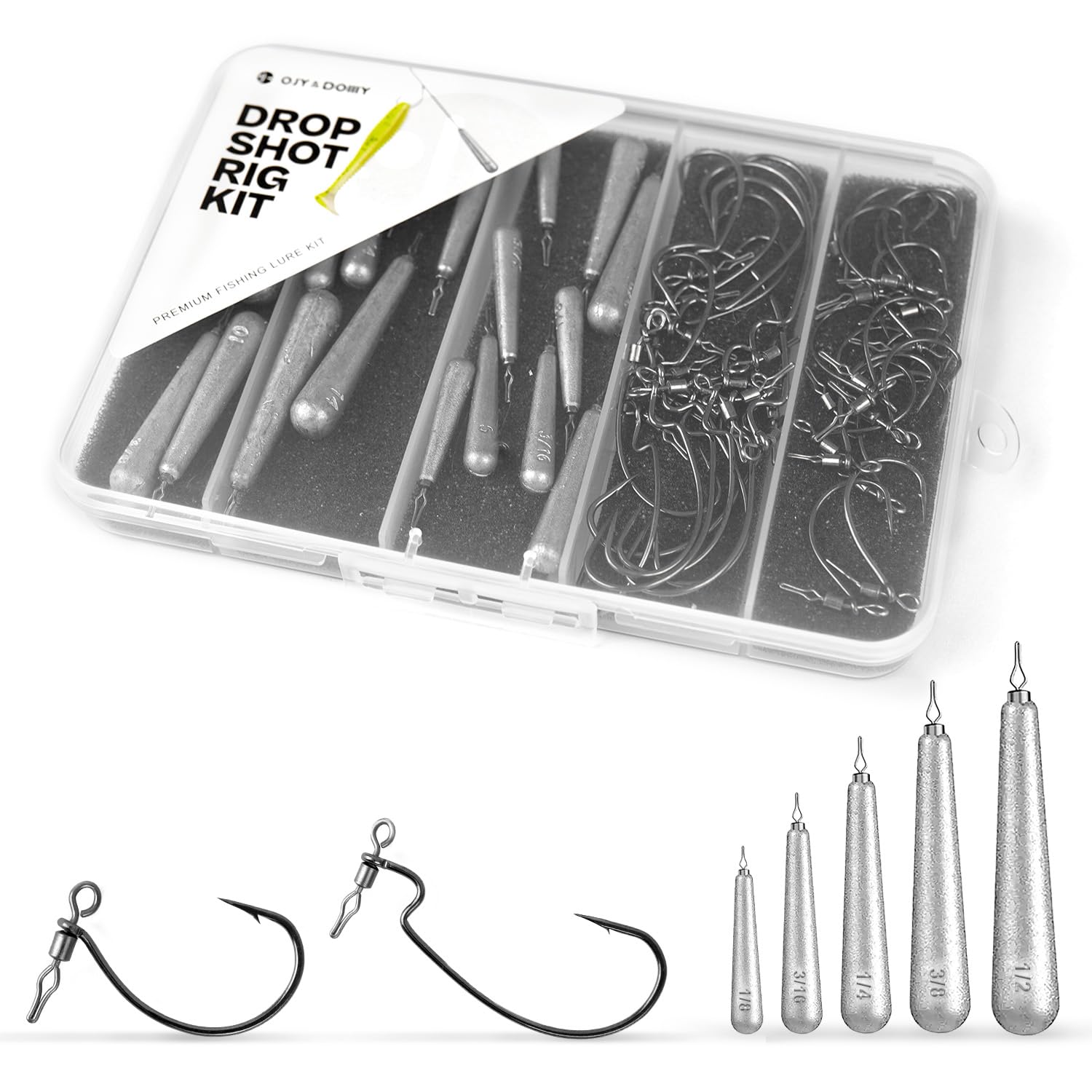 52-pack Drop Shot Rig Kit front view with 32 swivel hooks and 20 weights