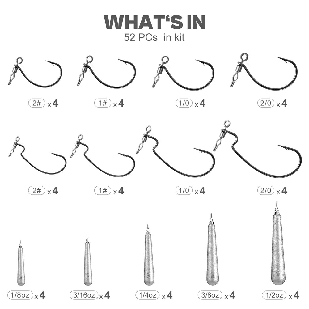 Close-up of swivel drop shot hooks in eight sizes