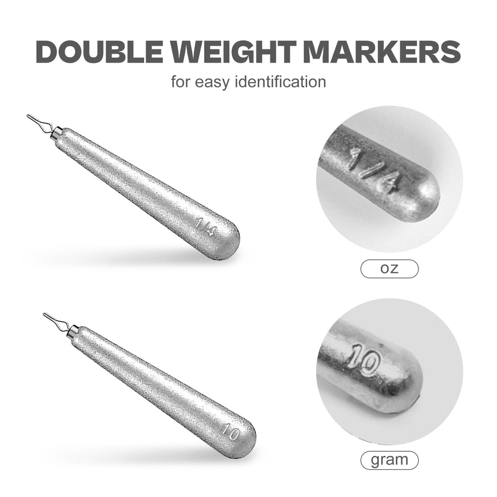 Kit shows multiple hook gaps and weight options