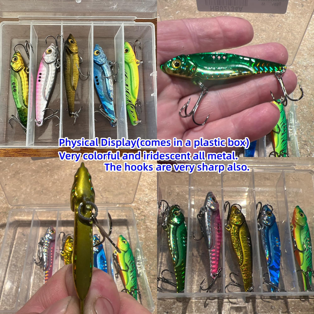 Metal blade bait close-up with 3D eyes and hooks