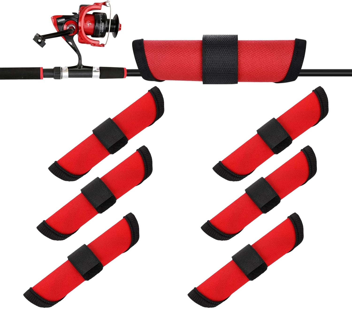 Six red 5.9in rod lure wraps (lure covers) laid out