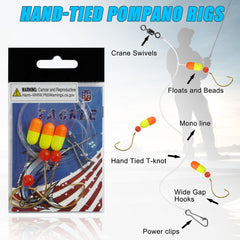 Pompano rig components: 55in mono line, crane swivels, red beads