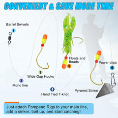 Pre-rigged pompano rigs ready for beach, pier, or boat fishing