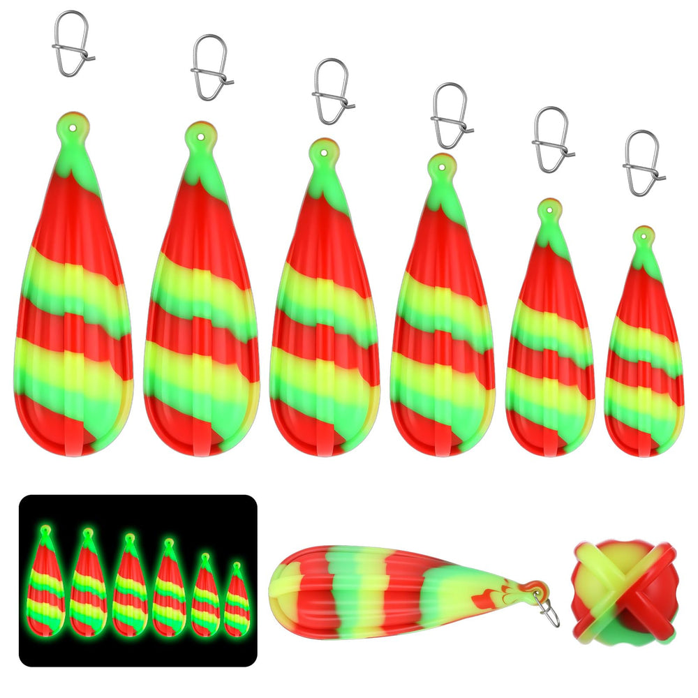 Six luminous fishing practice plugs in assorted sizes