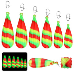 Six luminous fishing practice plugs in assorted sizes