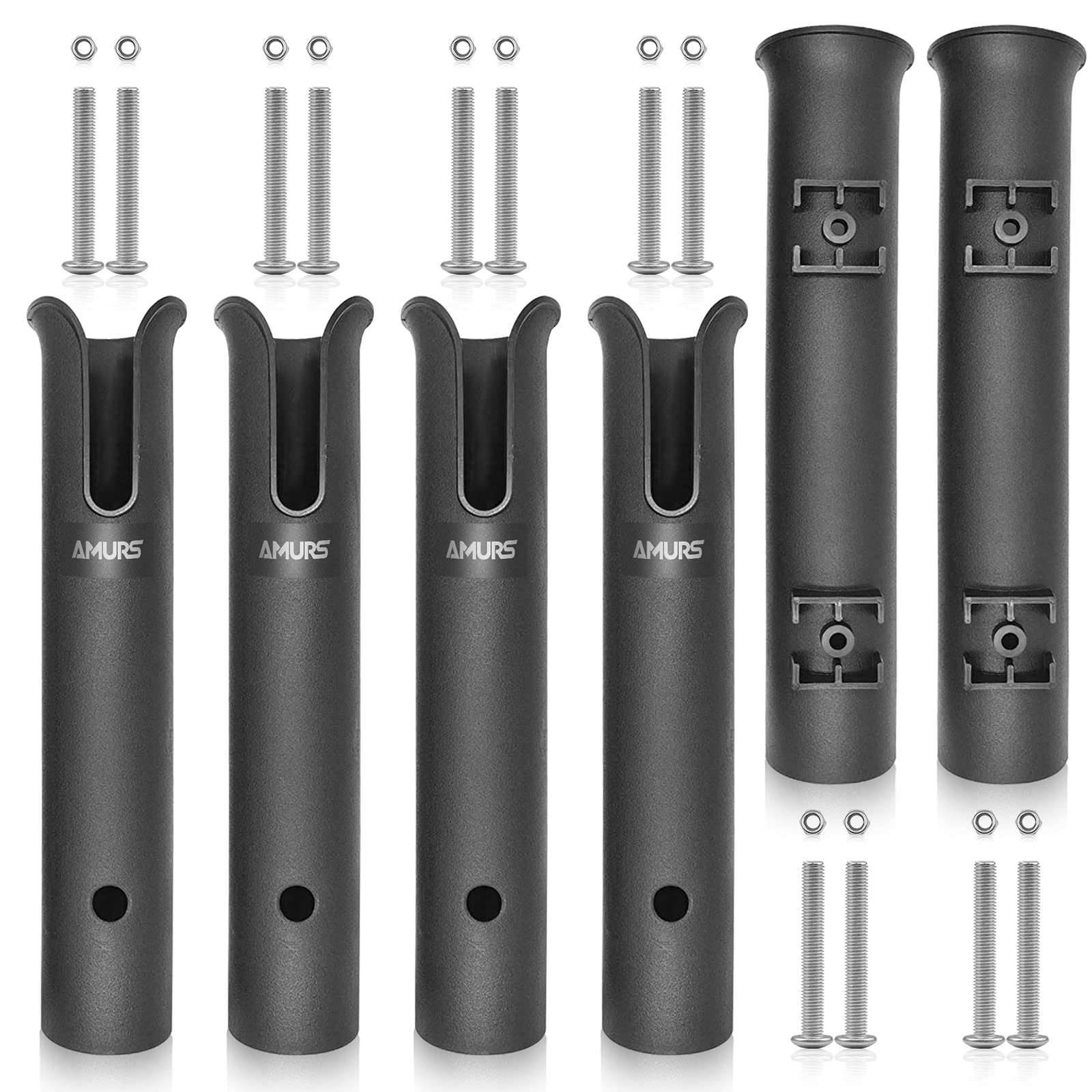 Six-tube black fishing rod holder bracket mounted on a boat