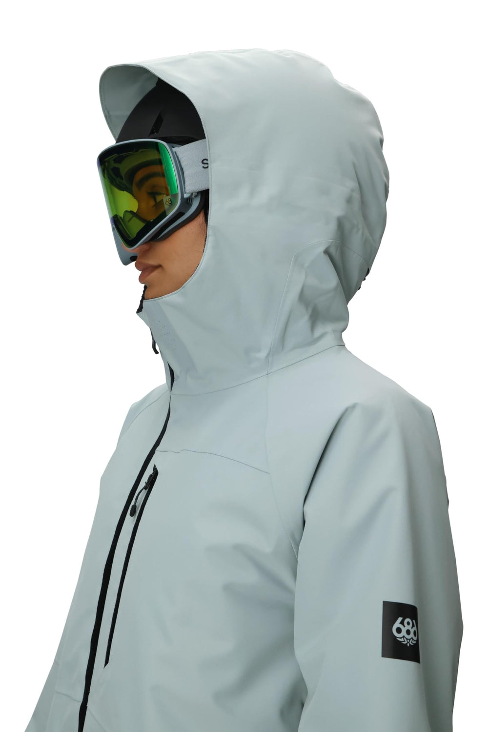 686 Women's GLCR Hydra Insulated Jacket Dusty Marine hood-attachment view highlights helmet compatibility