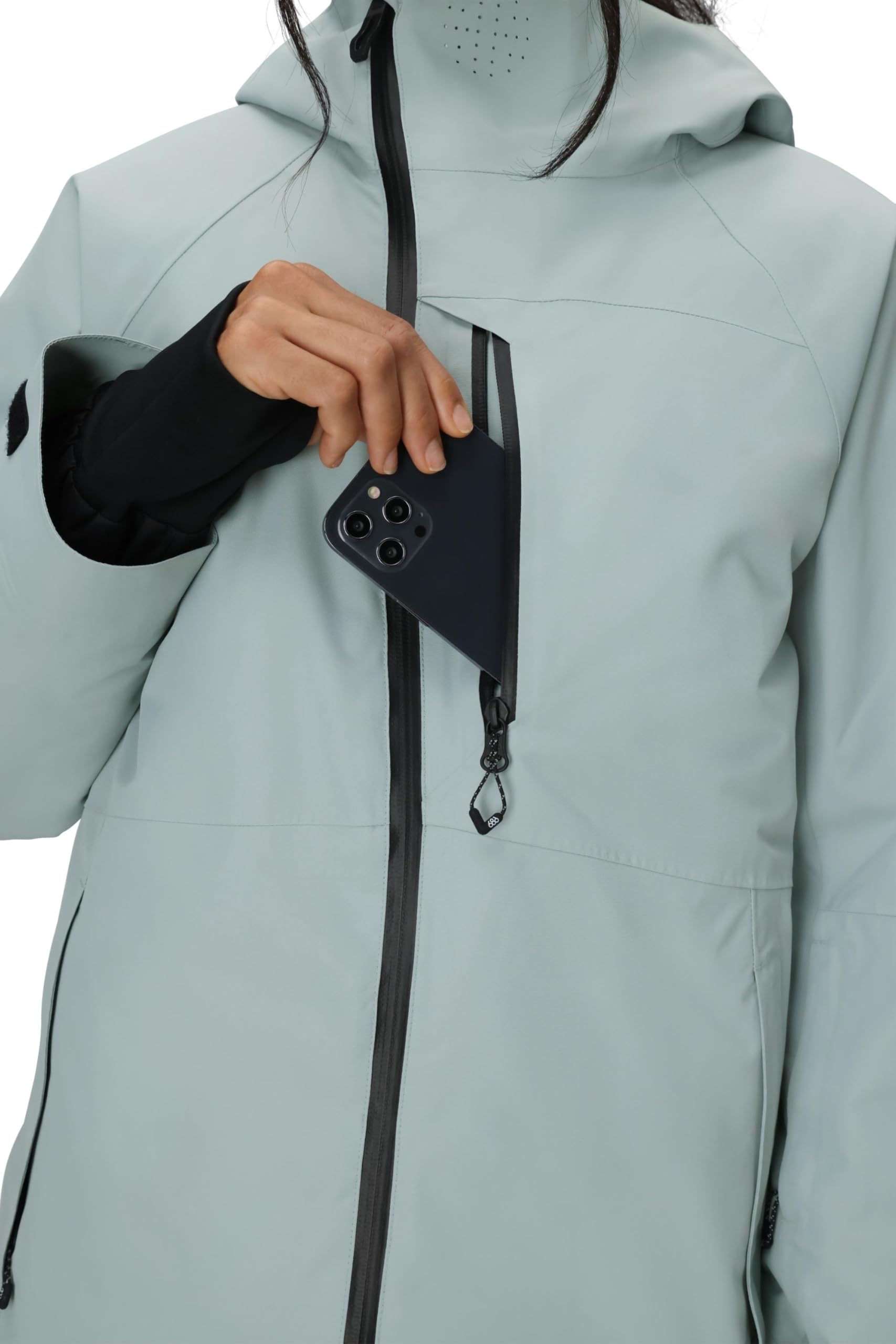 686 Women's GLCR Hydra Insulated Jacket Dusty Marine interior-pocket view reveals stash and phone heater access