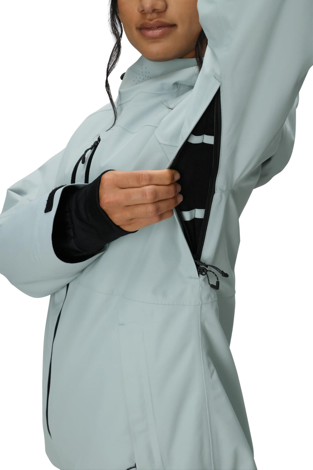 686 Women's GLCR Hydra Insulated Jacket Dusty Marine waterproof zipper detail supports dry comfort
