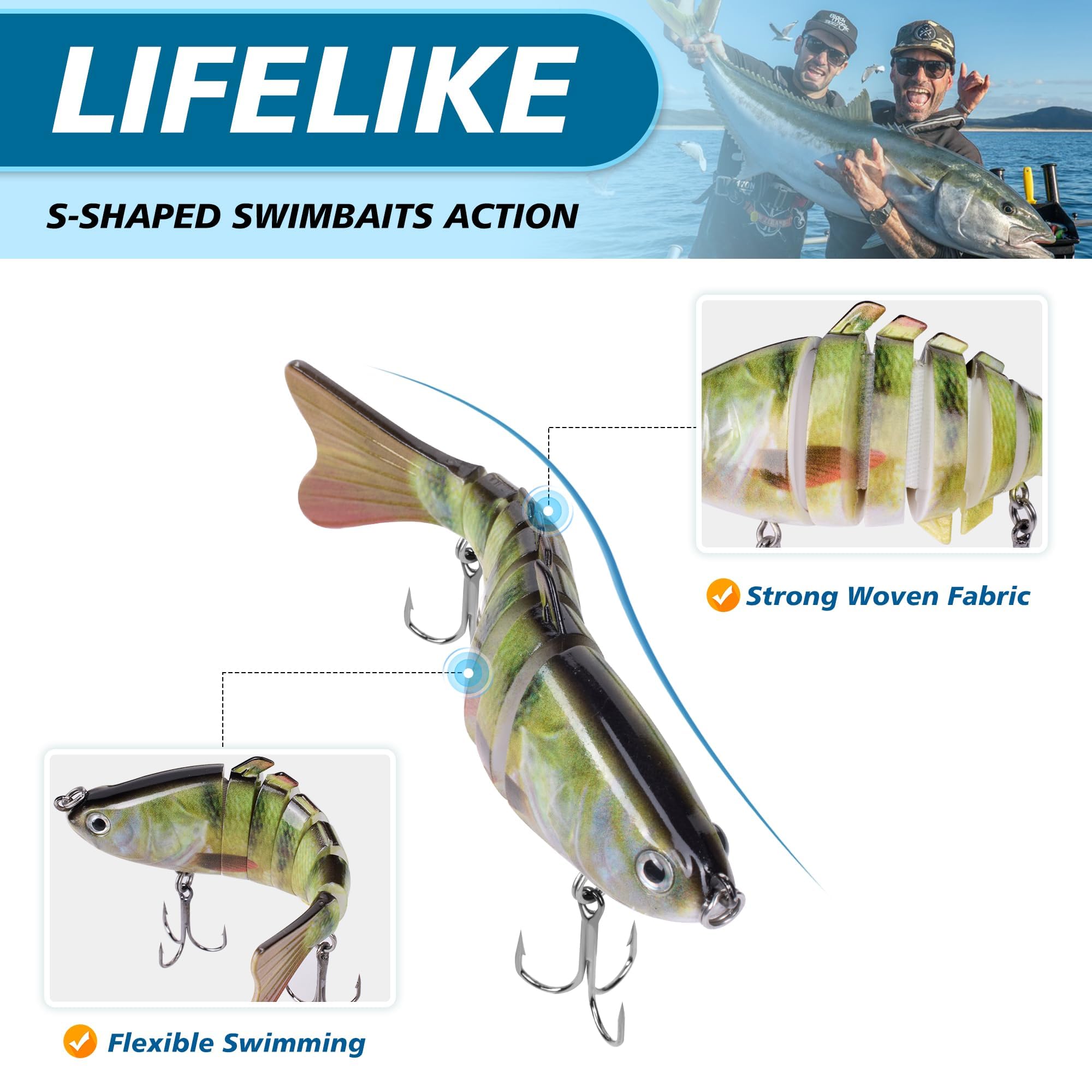 Sharp treble hooks on multi-jointed swimbait
