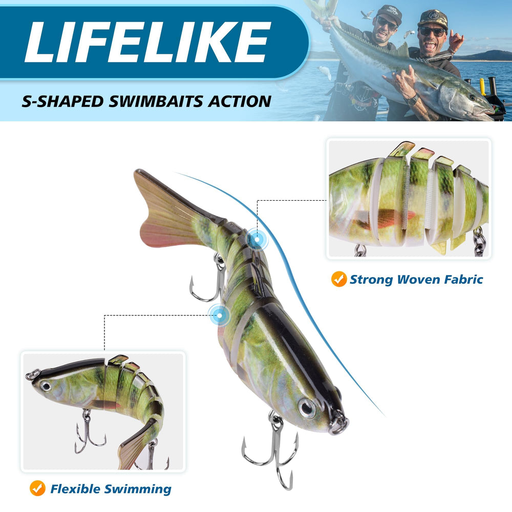 Sharp treble hooks on multi-jointed swimbait