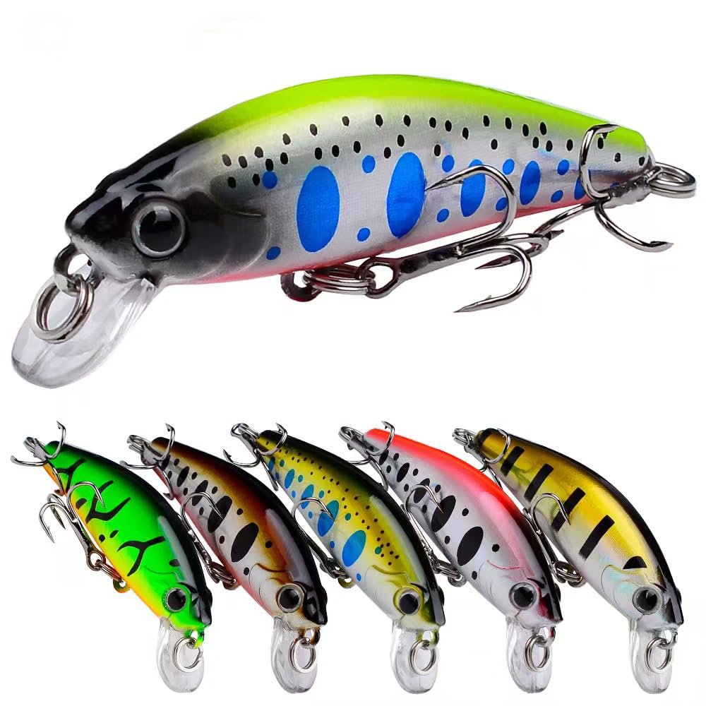 Assorted colors 6-pack mini minnow crankbaits set on white background