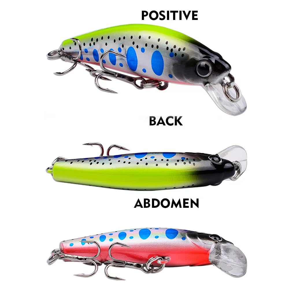 Six hard fishing lures with treble hooks
