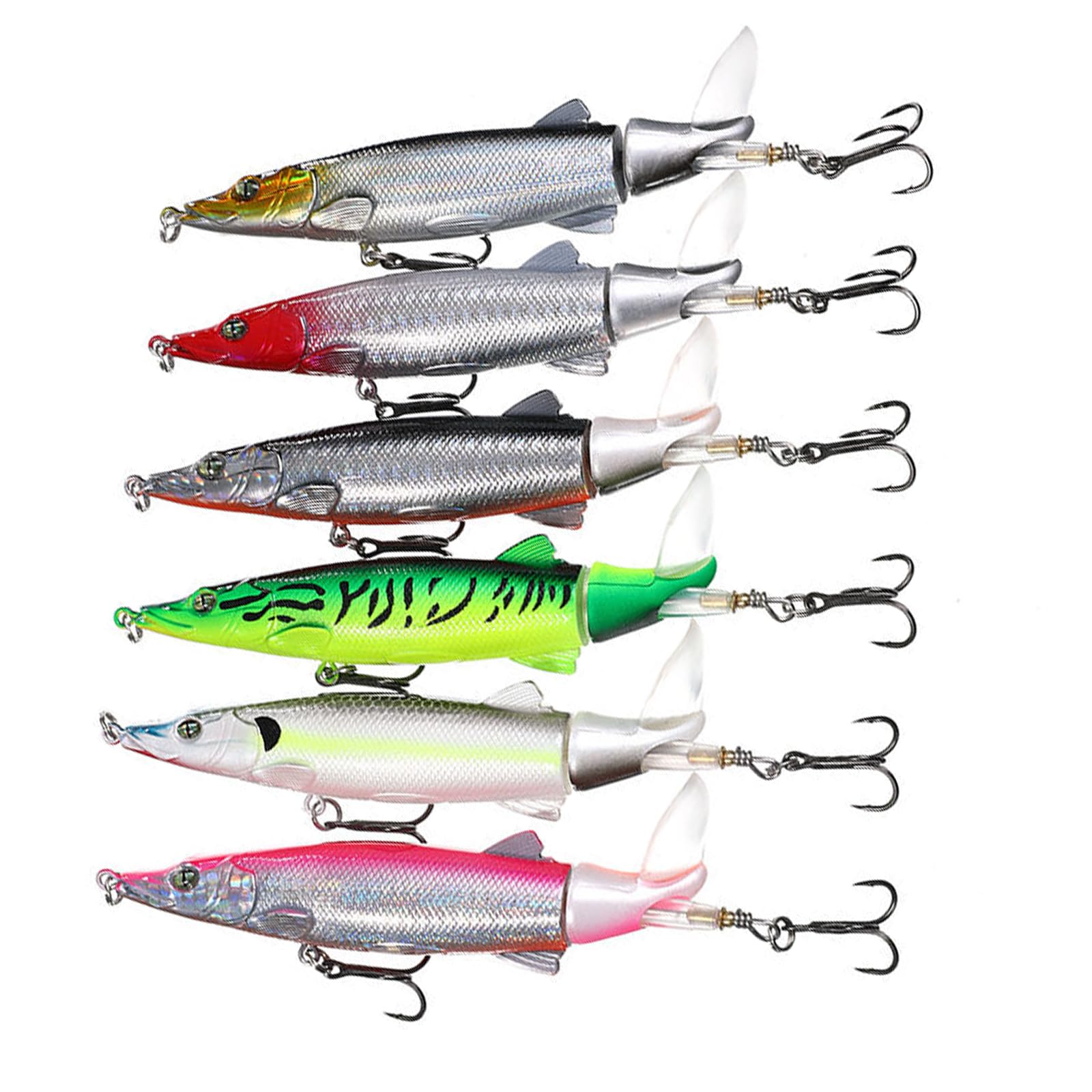 Six-piece topwater lure set with rotating tails