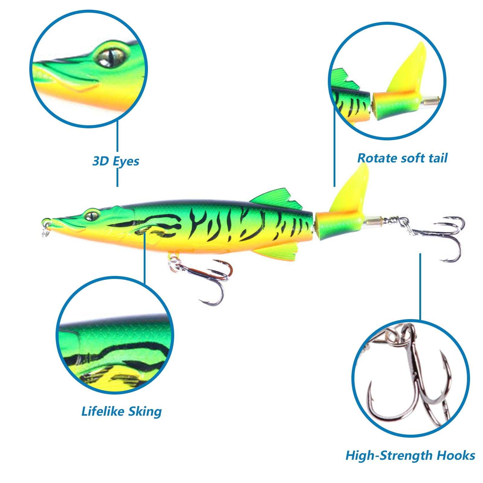 Close-up of rotating-tail topwater lures with 3D eyes