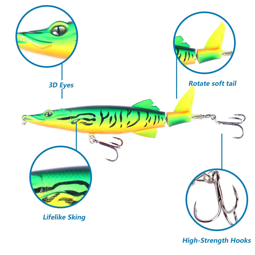 Close-up of rotating-tail topwater lures with 3D eyes