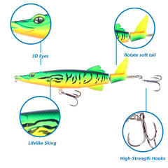 Close-up of rotating-tail topwater lures with 3D eyes