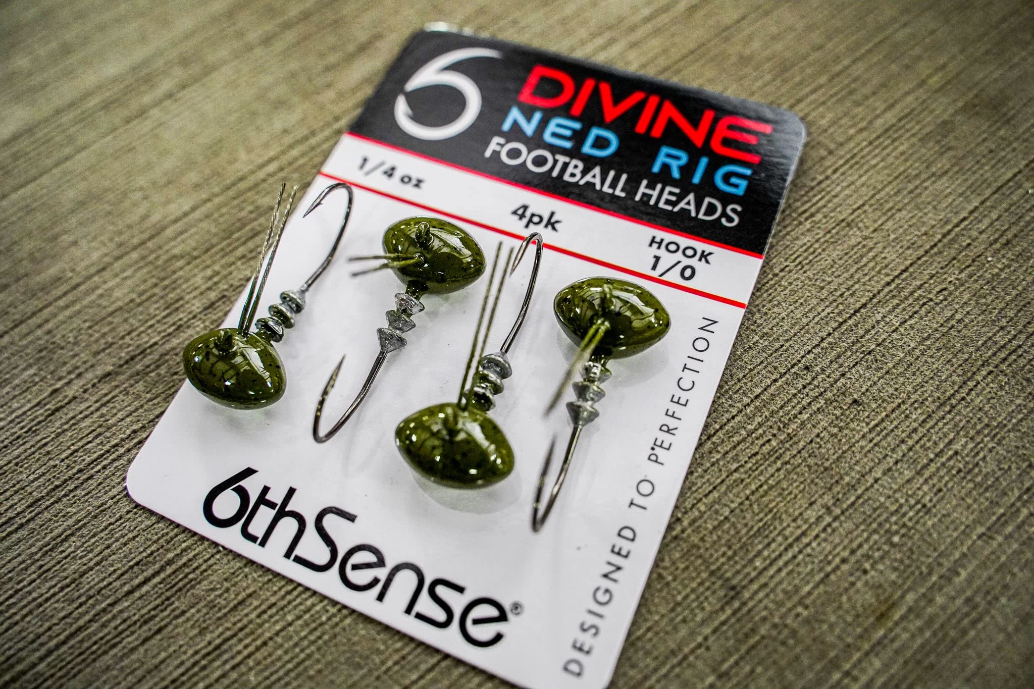 Divine Ned football head dual weed guards reduce hang-ups in vegetation.