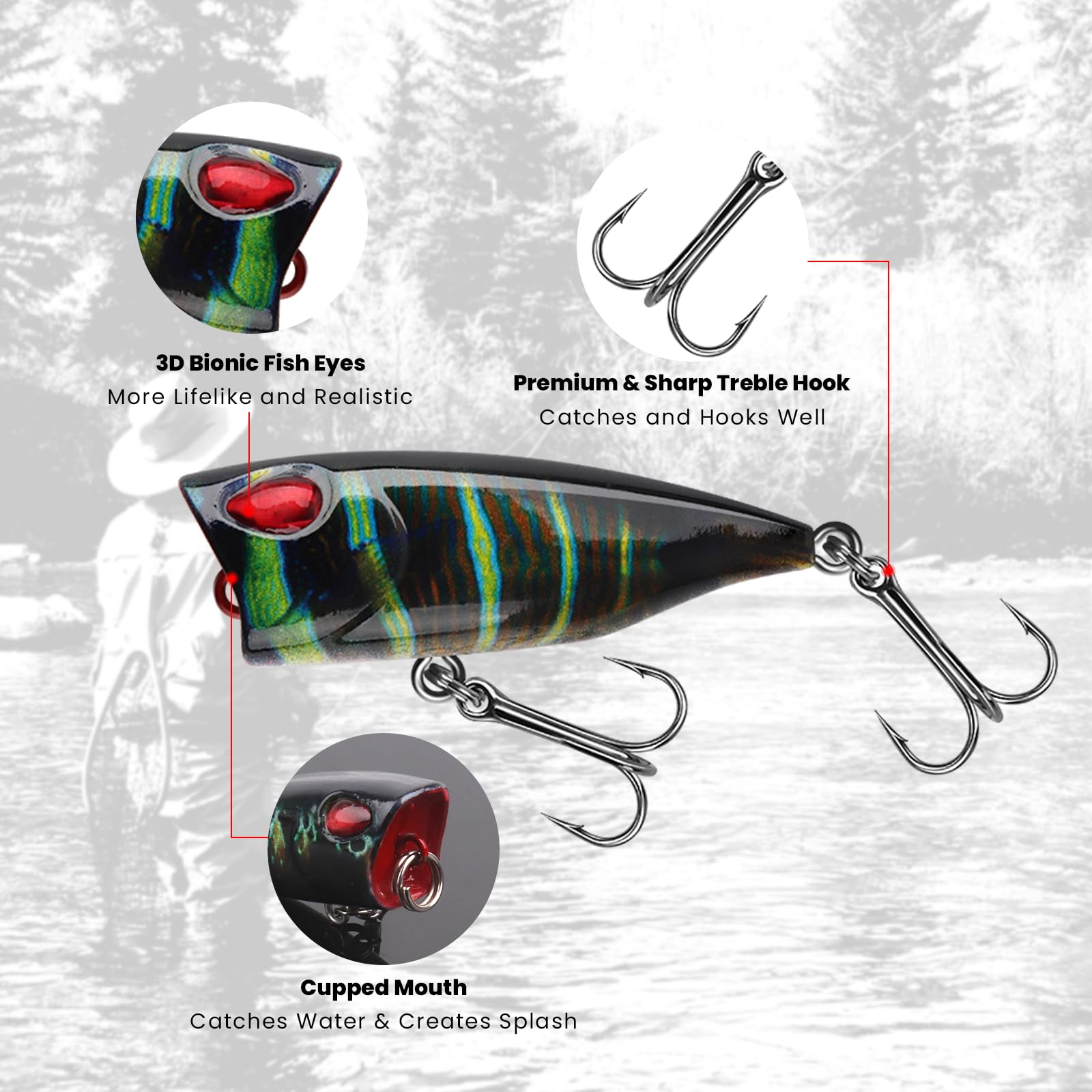 3D trout lure with sharp hooks and ABS construction