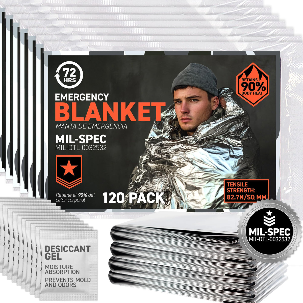 72 HRS emergency Mylar blanket shown packed, ideal for emergency kits and on-the-go warmth