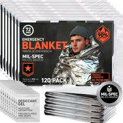 72 HRS emergency Mylar blanket shown packed, ideal for emergency kits and on-the-go warmth