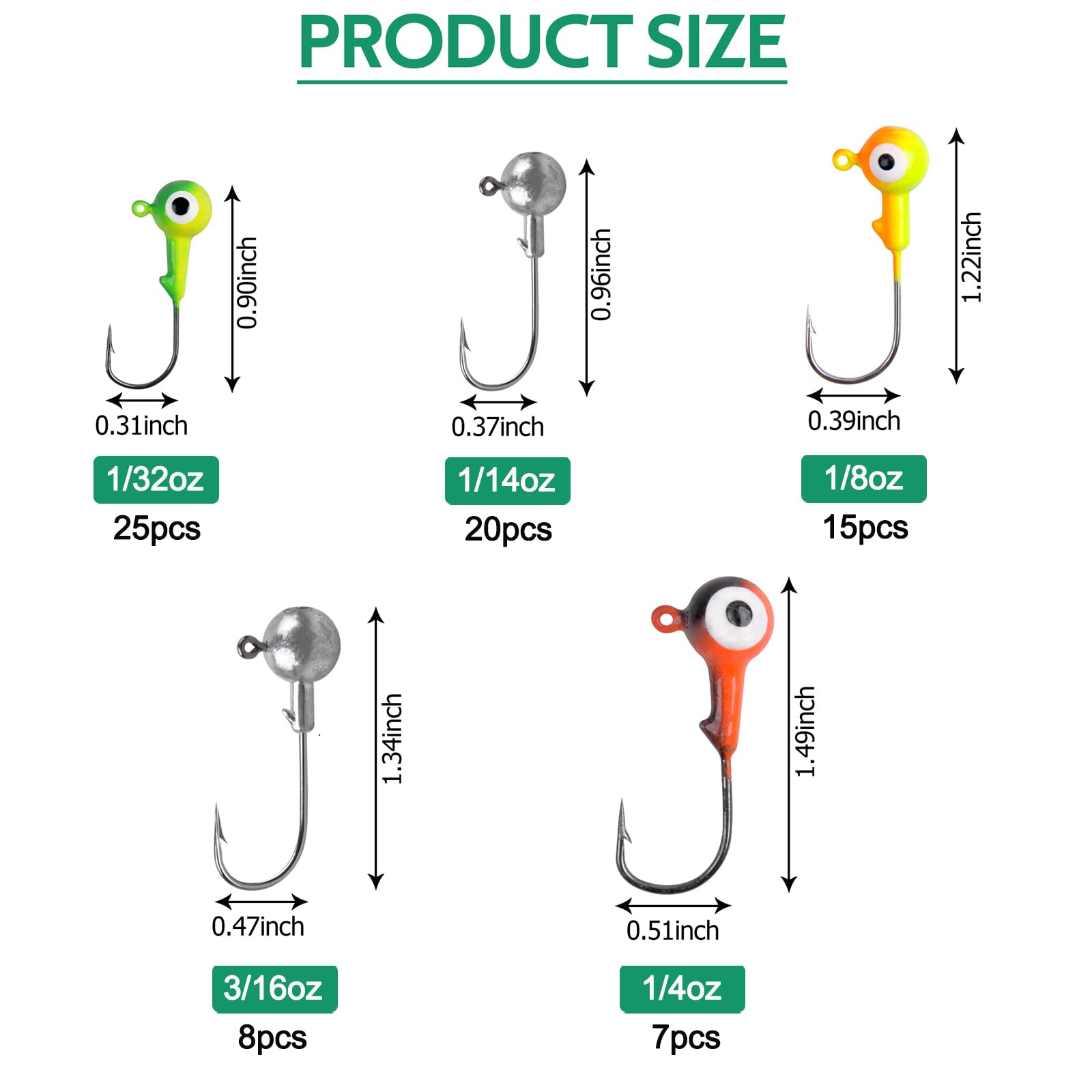 Round jig heads in 75-piece collection with multiple sizes