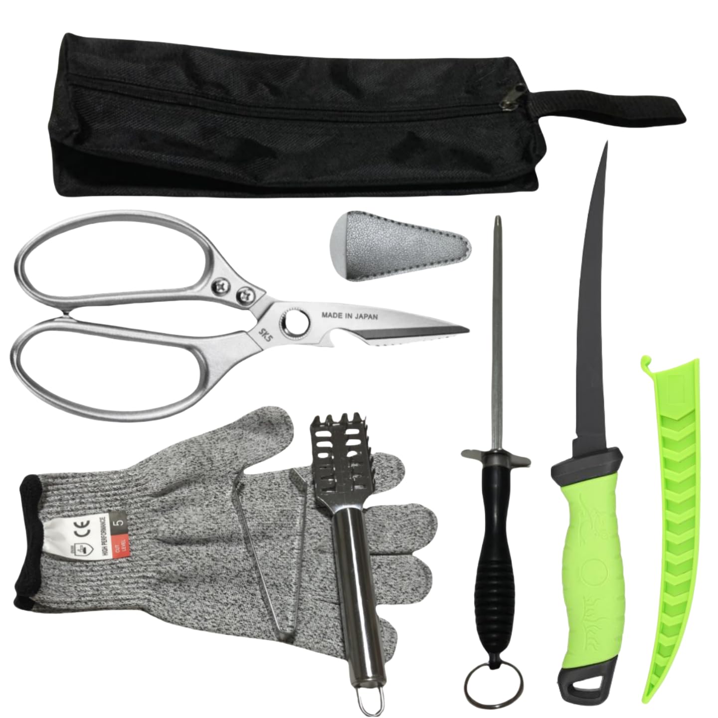 Green 7-piece fishing knife set with knife, scissors, and storage bag