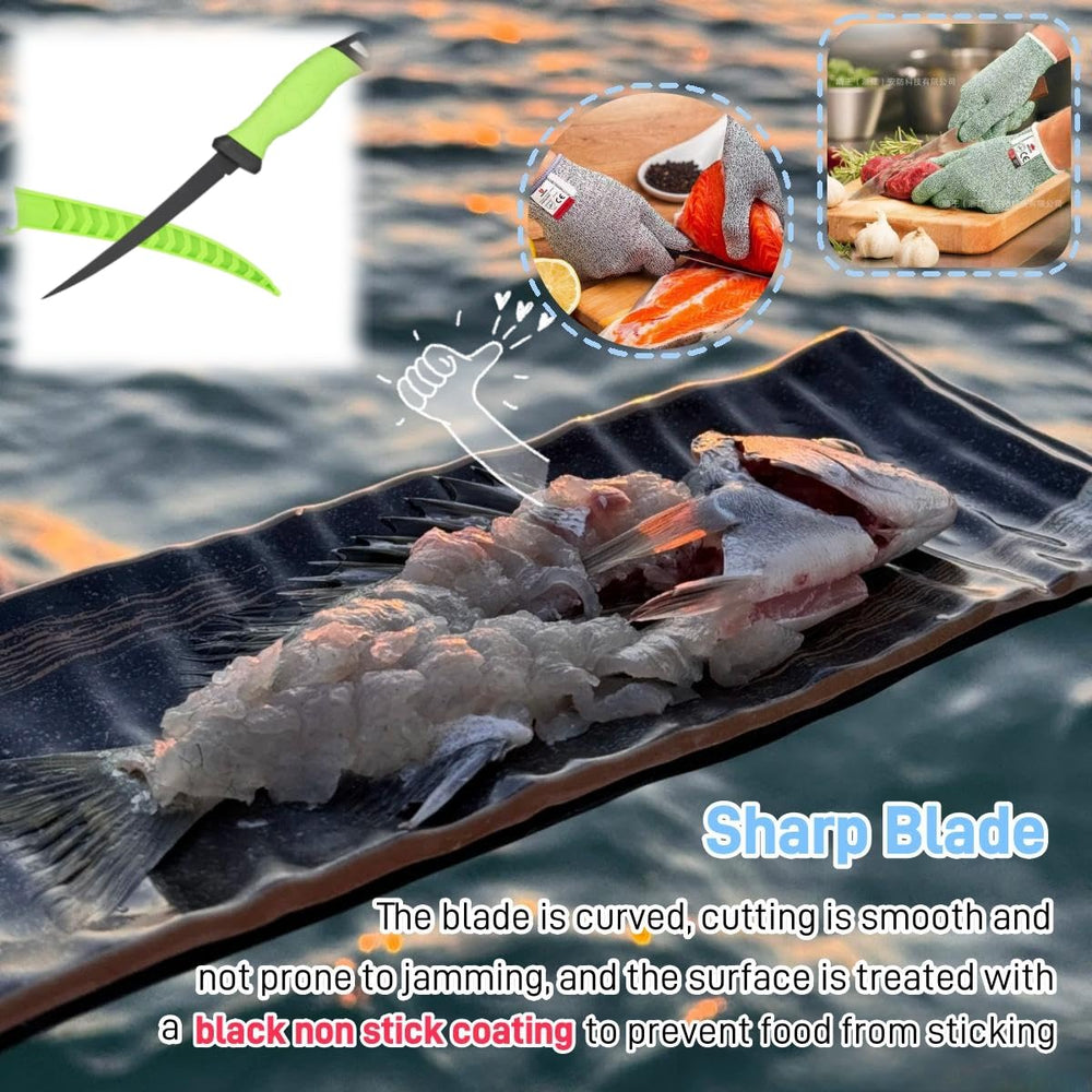 Close-up of the green-handled fillet knife from the kit