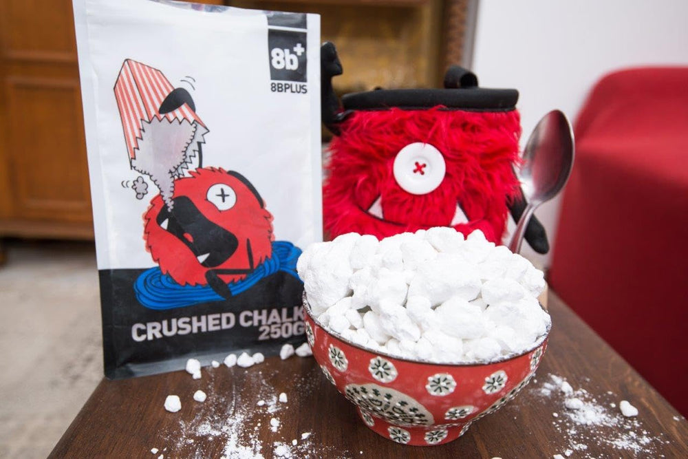8BPLUS crushed chalk on rock wall – ideal for extended climbs.