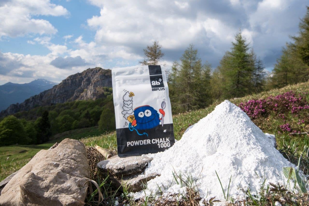 8BPLUS chalk in a chalk bag for portable dry grip on climbs
