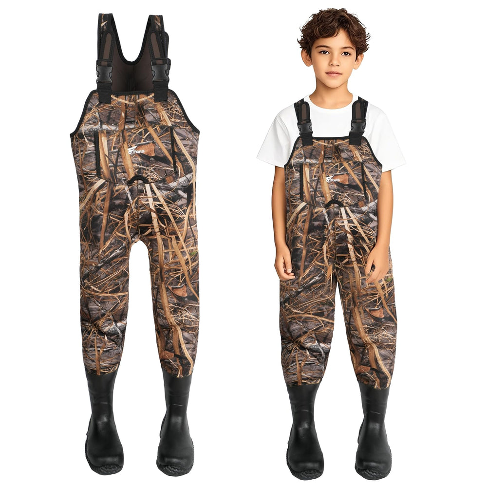8 Fans kids neoprene waders close-up showcases 4.5mm warmth and waterproof construction.