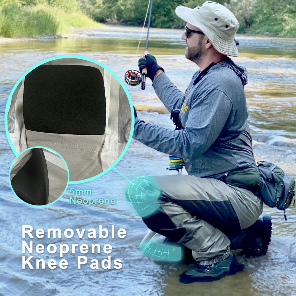 8 Fans waist waders removable knee-pads show extra knee protection on rocky river crossings