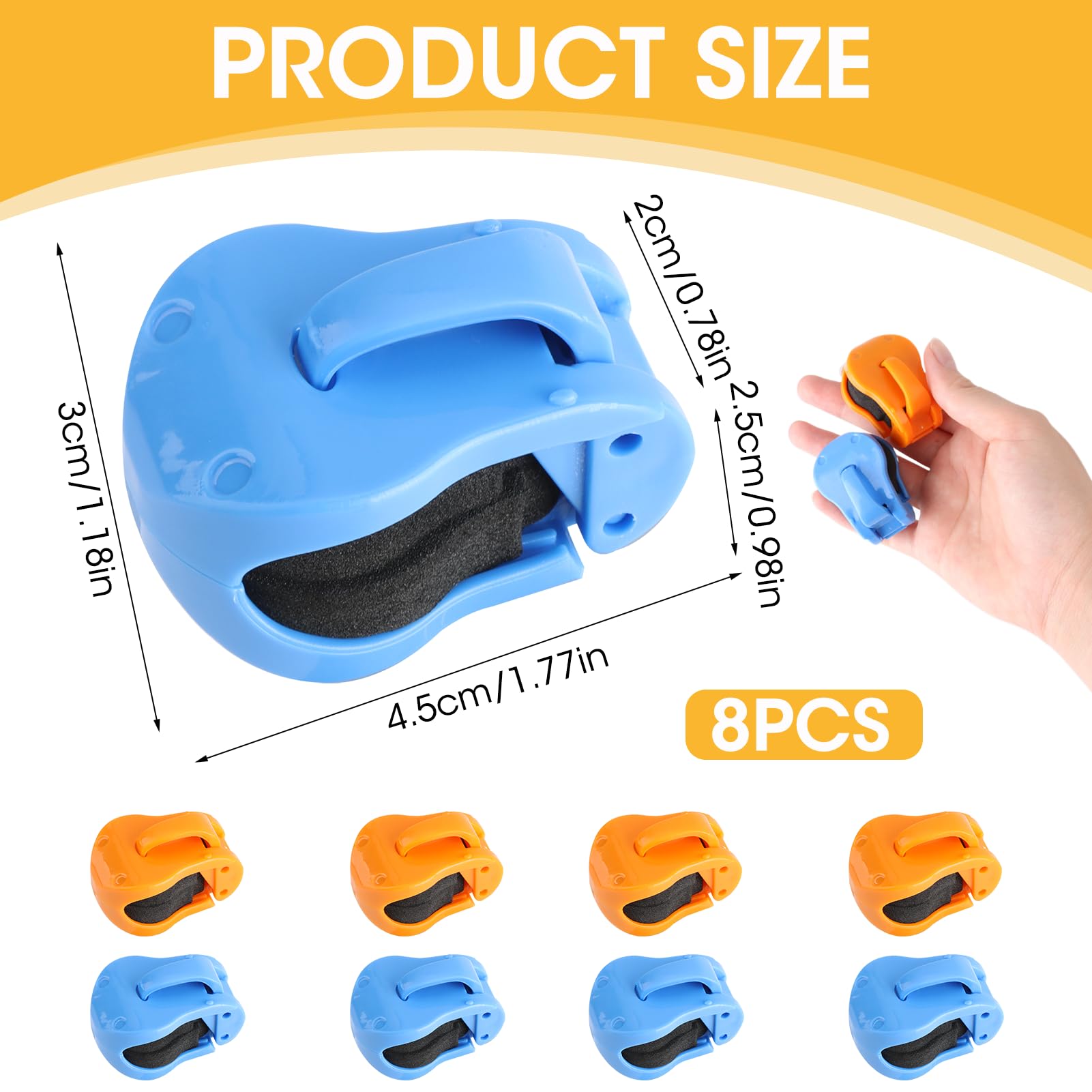 Close-up of orange and blue color-coded clips in the 8PC rod holder set