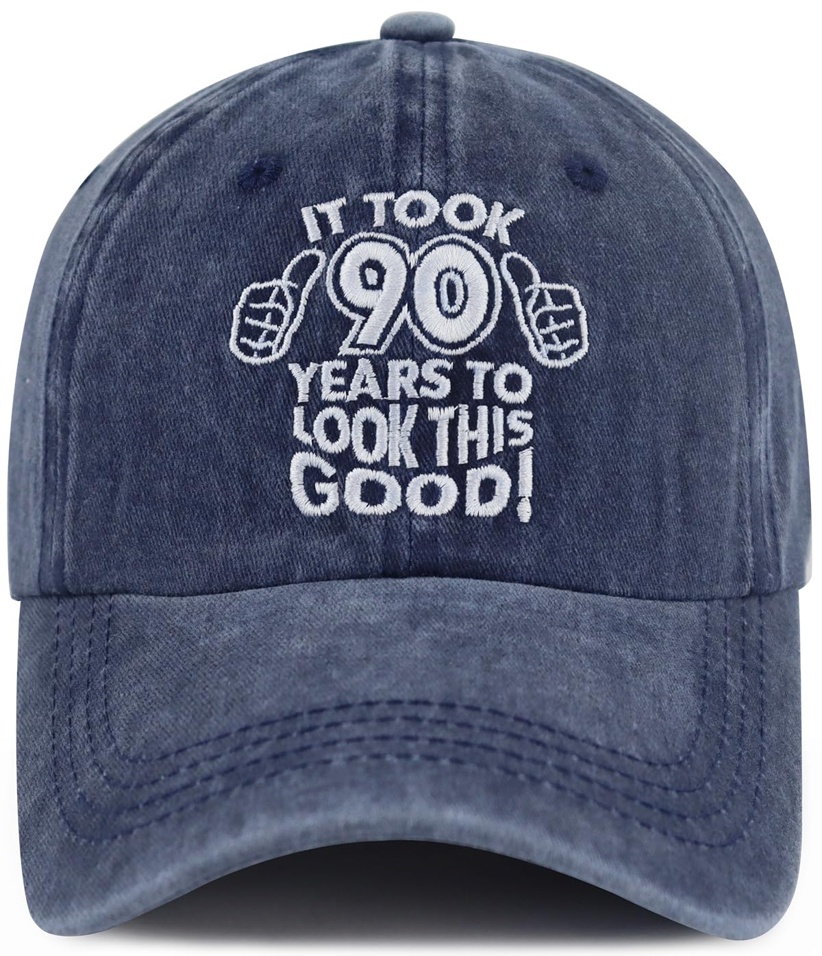 Front view of 90th birthday cap with embroidered 90 design and 1933