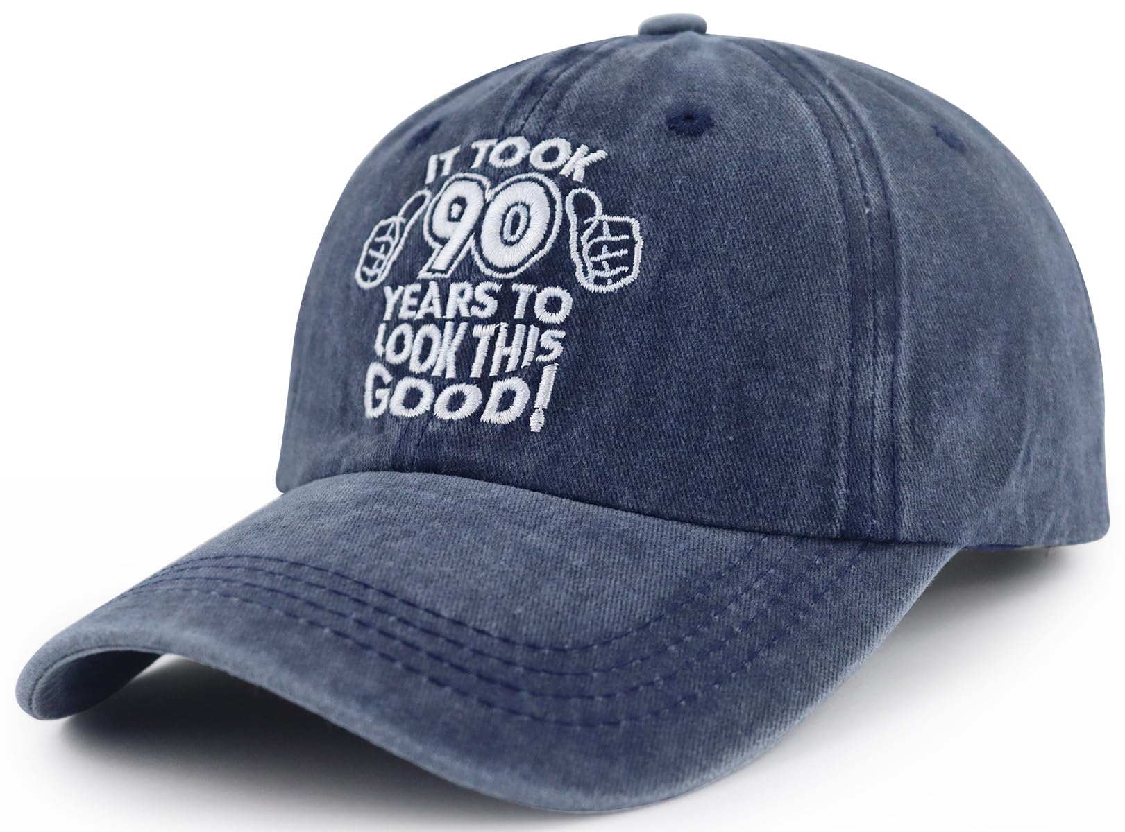 Side view showing embroidered 90th birthday design on the cap