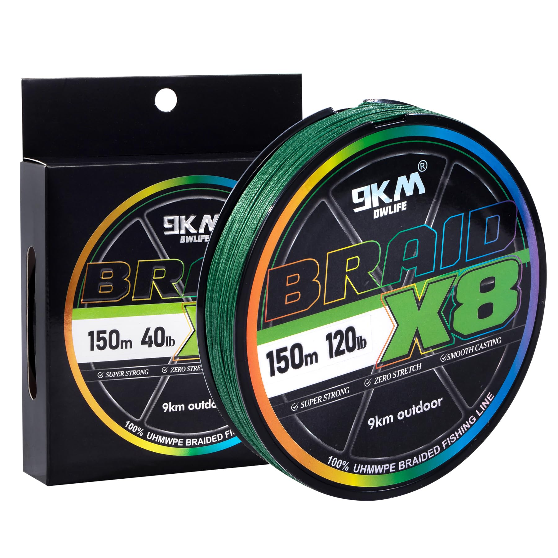 9KM DWLIFE braided line closeup shows dense 8-strand weave for extreme strength.