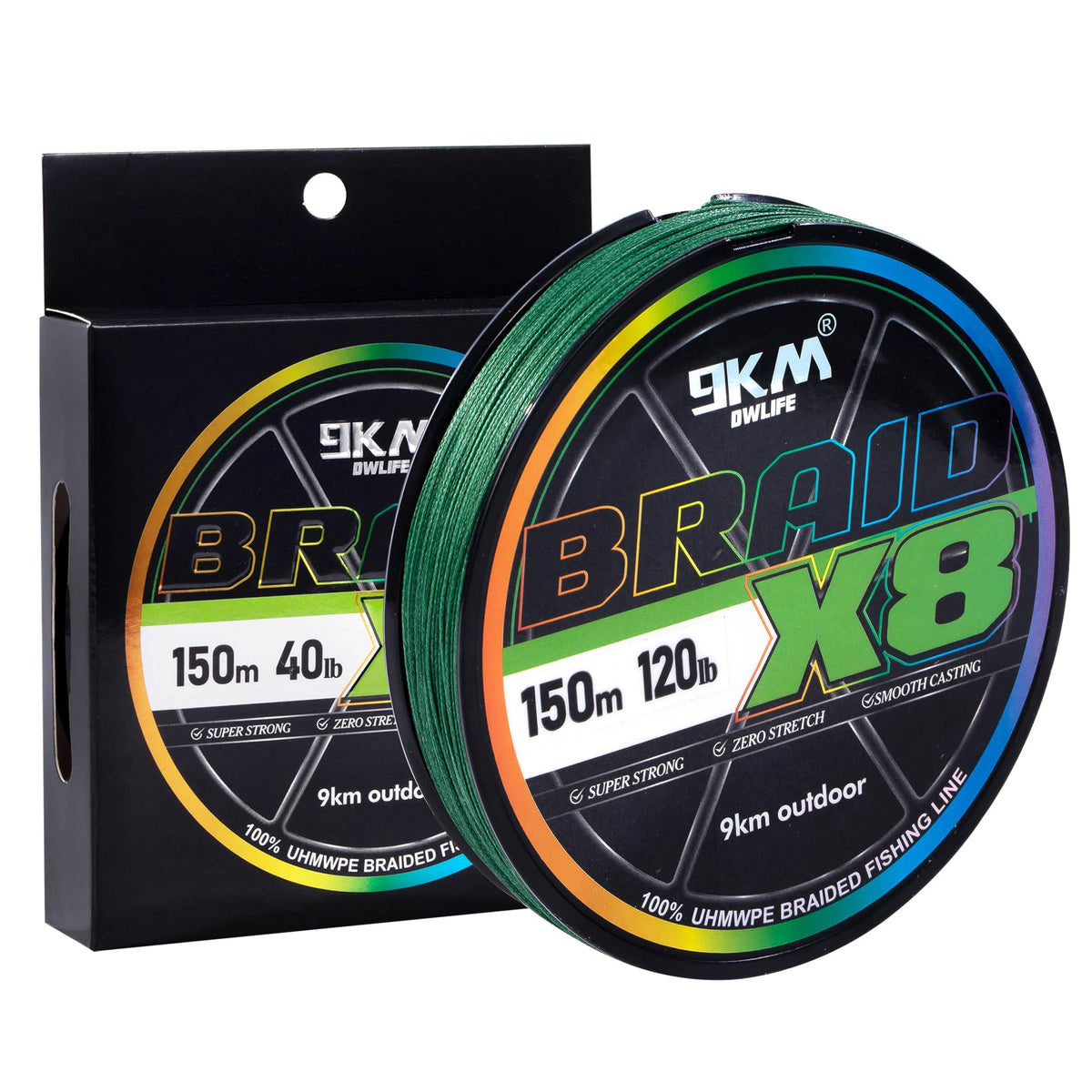 9KM DWLIFE braided line closeup shows dense 8-strand weave for extreme strength.
