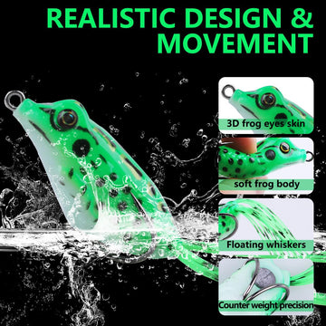 Close-up of soft PVC frog lure showing 3D eyes and bionic design