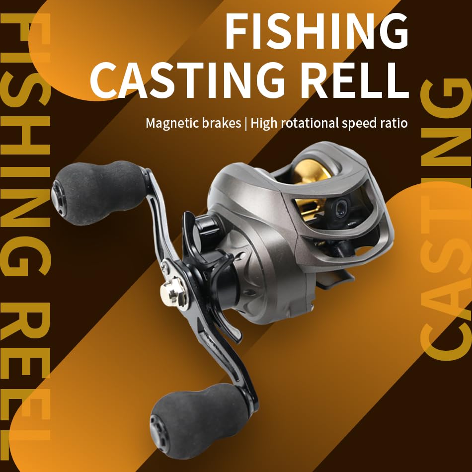 Close-up of the baitcasting reel with stainless steel handle