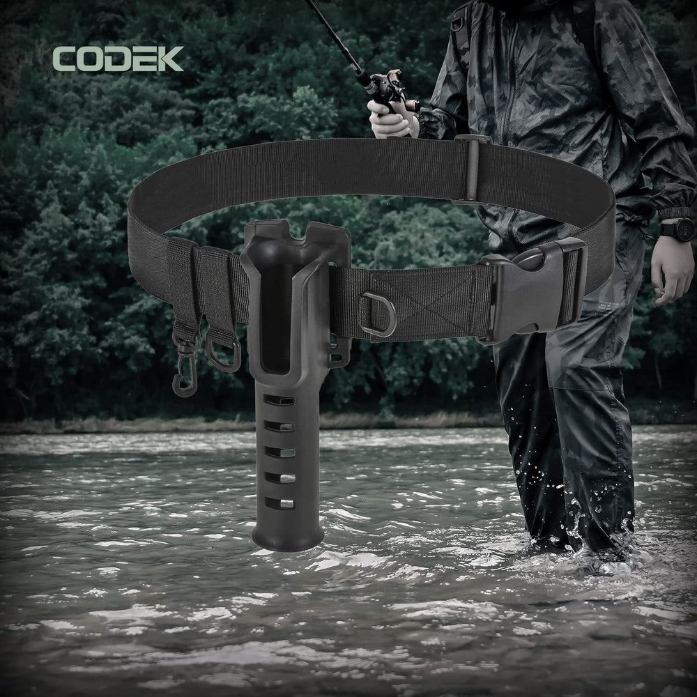 Worn CODEK rod holder on the waist with compatible spinning and casting rods