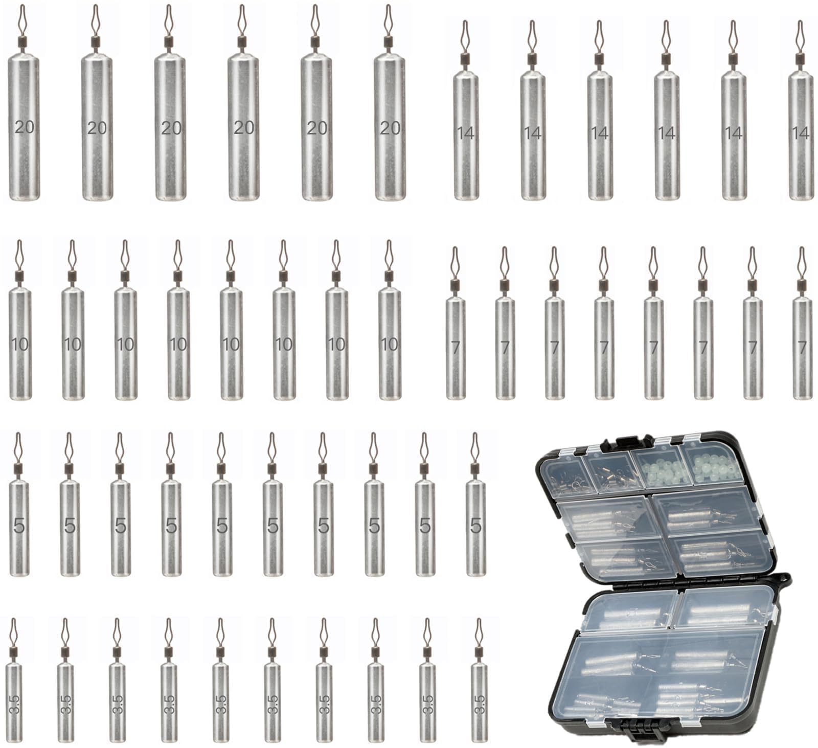 FINOSEAK 48Pcs Dropshot Weights Set - slim pencil-style weights arranged by size