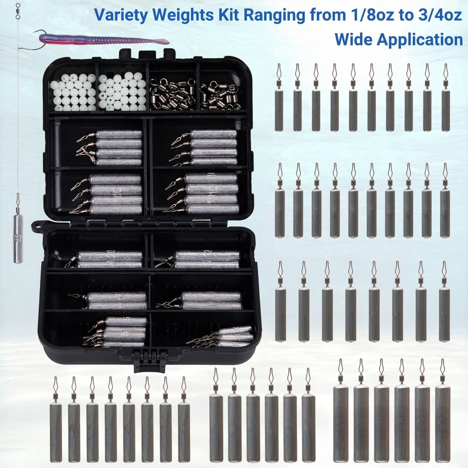 Close-up of FINOSEAK dropshot weights in assorted sizes