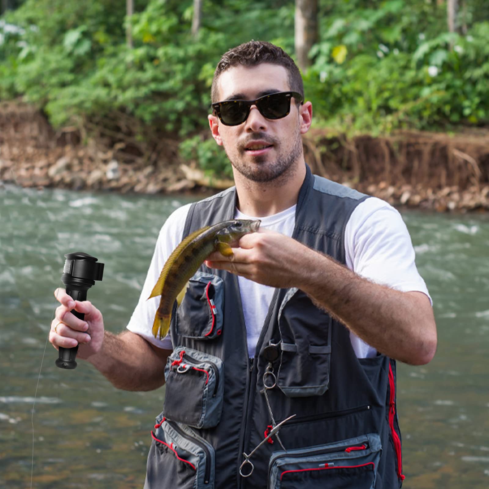 Includes storage bag and lanyard for portable fishing
