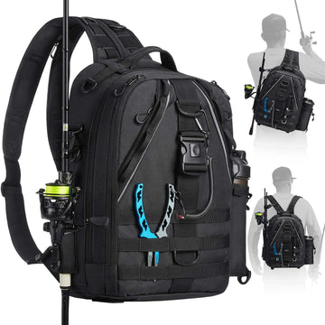 Piscifun fishing tackle backpack front view shows organized compartments for quick access on trips.