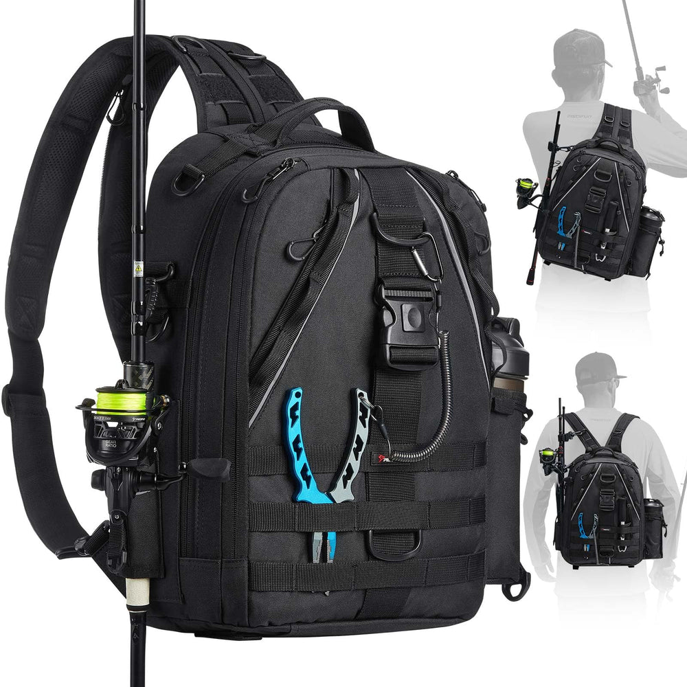 Piscifun fishing tackle backpack front view shows organized compartments for quick access on trips.
